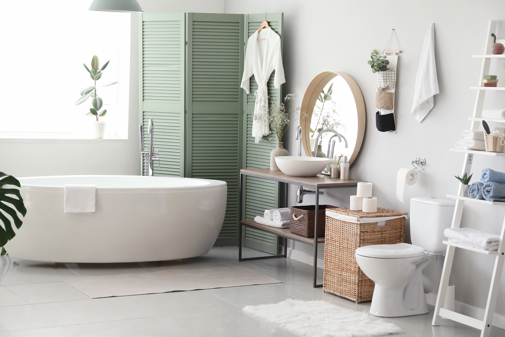 Stylish Interior of Modern Bathroom with Toilet Bowl